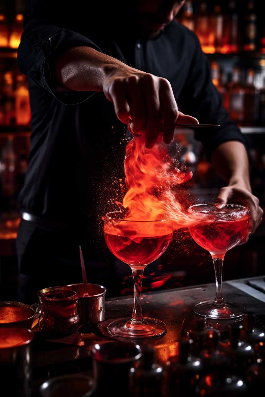 Craft cocktails with fire made by bartender in San Fracisco, Hayes Valley